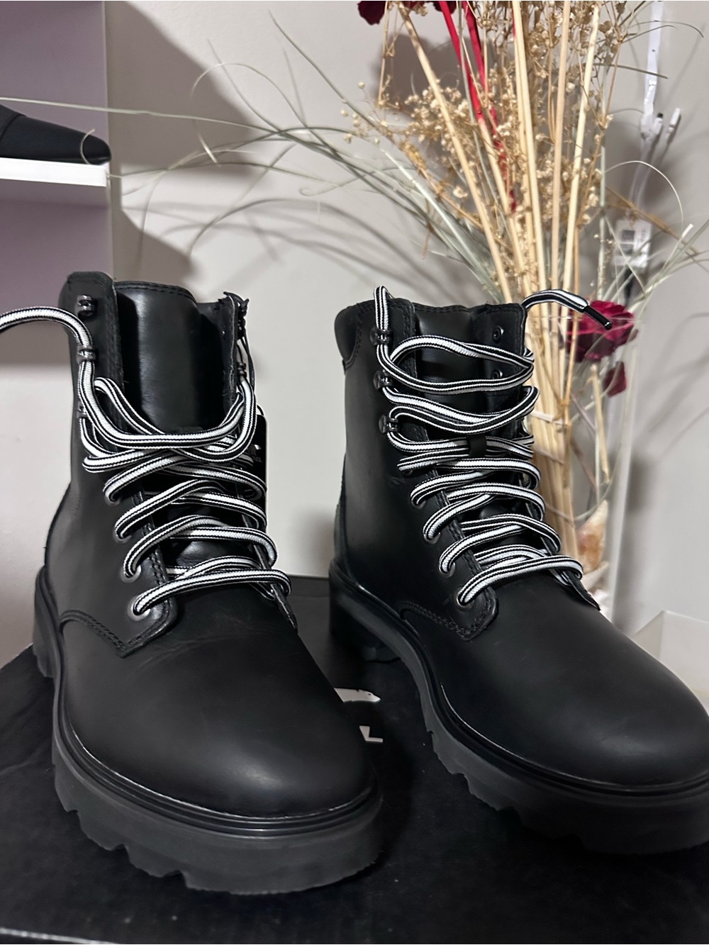 Sorel Black Lace-Up Boots with White-Trim Laces